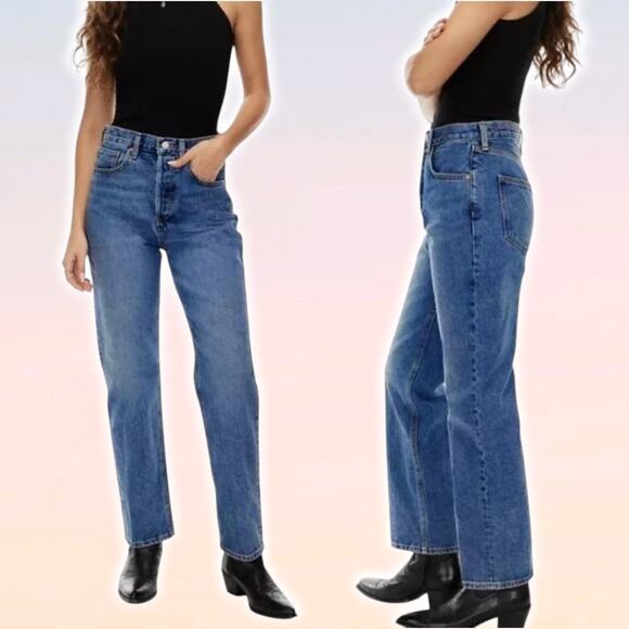 NWT DENIM FORUM Aritzia The Joni High Rise Loose 29L Size 25 Dark Bleu N Stormy - Picture 1 of 8